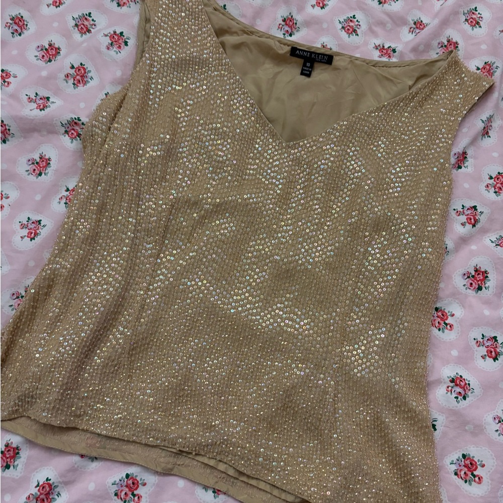 Anne Klein Cream Sequin Sleeveless Tank Top